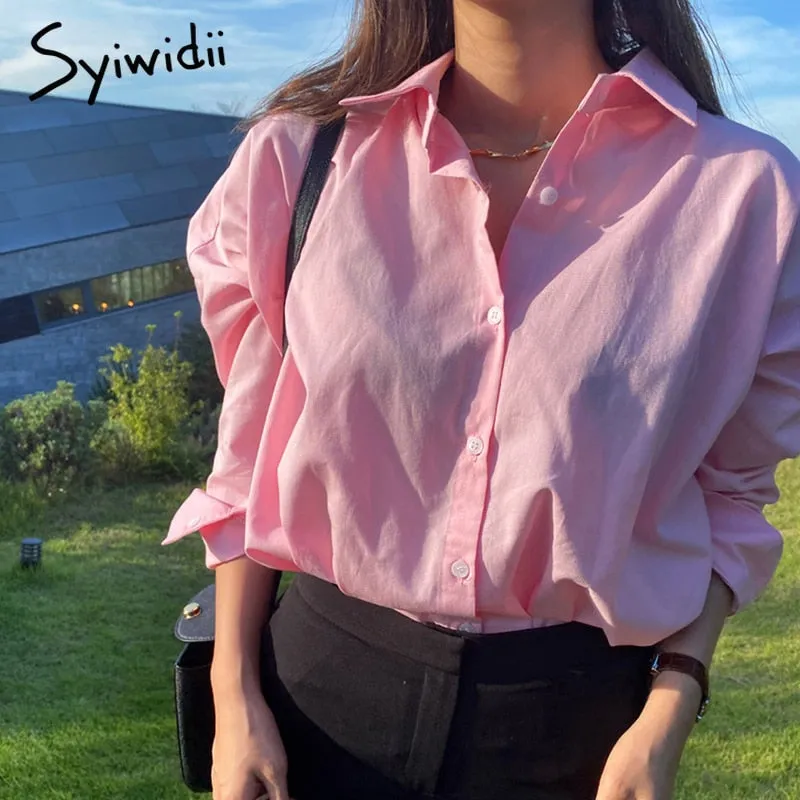 Joskaa Womens Pink Shirts Korean Fashion Oversized Loose Long Sleeve White Blouse Cotton High Quality 2024 Summer Fall Tops