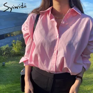 Joskaa Womens Pink Shirts Korean Fashion Oversized Loose Long Sleeve White Blouse Cotton High Quality 2024 Summer Fall Tops