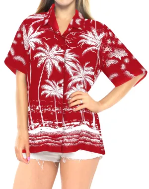 LA LEELA Women's Beach Casual Hawaiian Blouse Short Sleeves button Down Shirt palm tree printed red