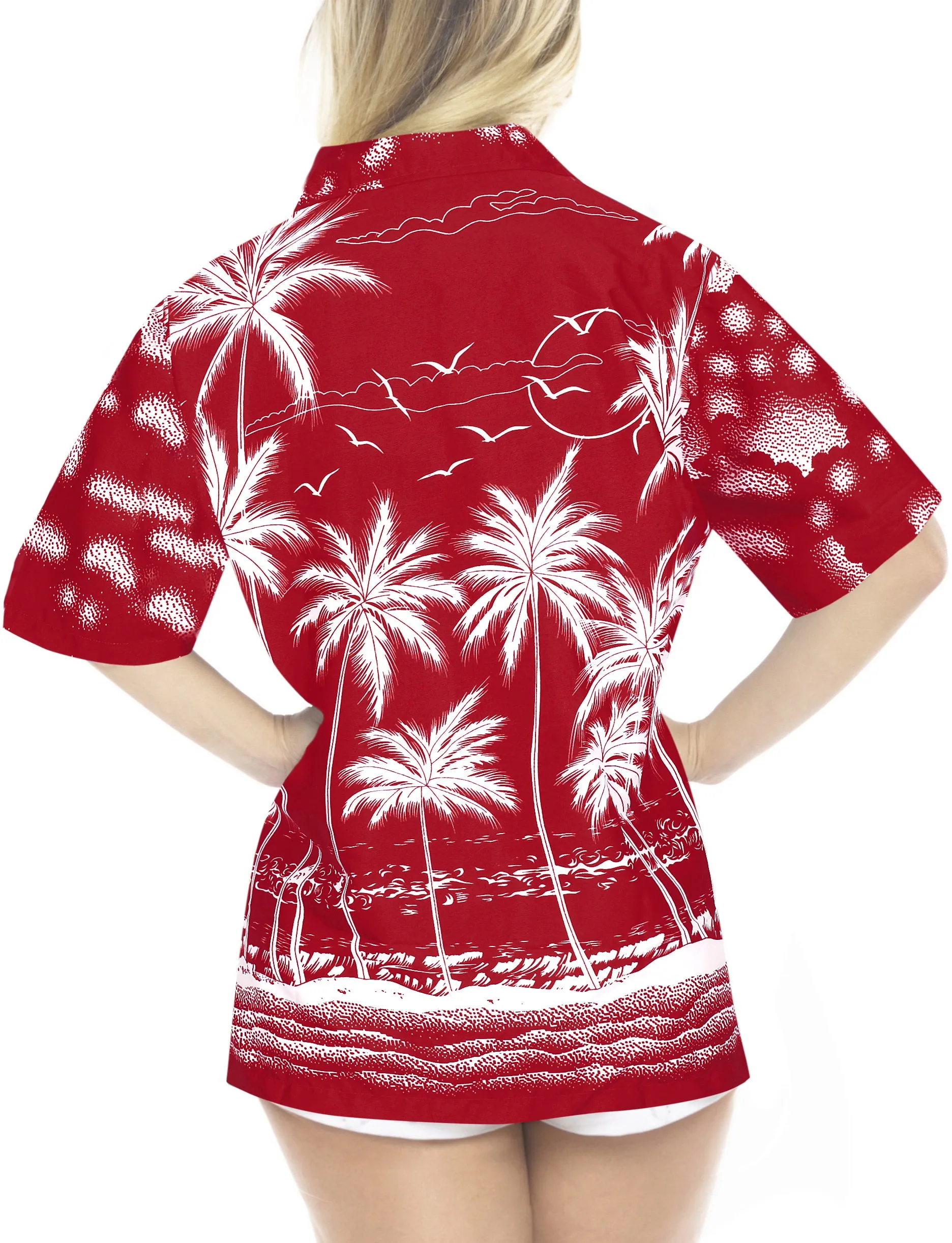 LA LEELA Women's Beach Casual Hawaiian Blouse Short Sleeves button Down Shirt palm tree printed red