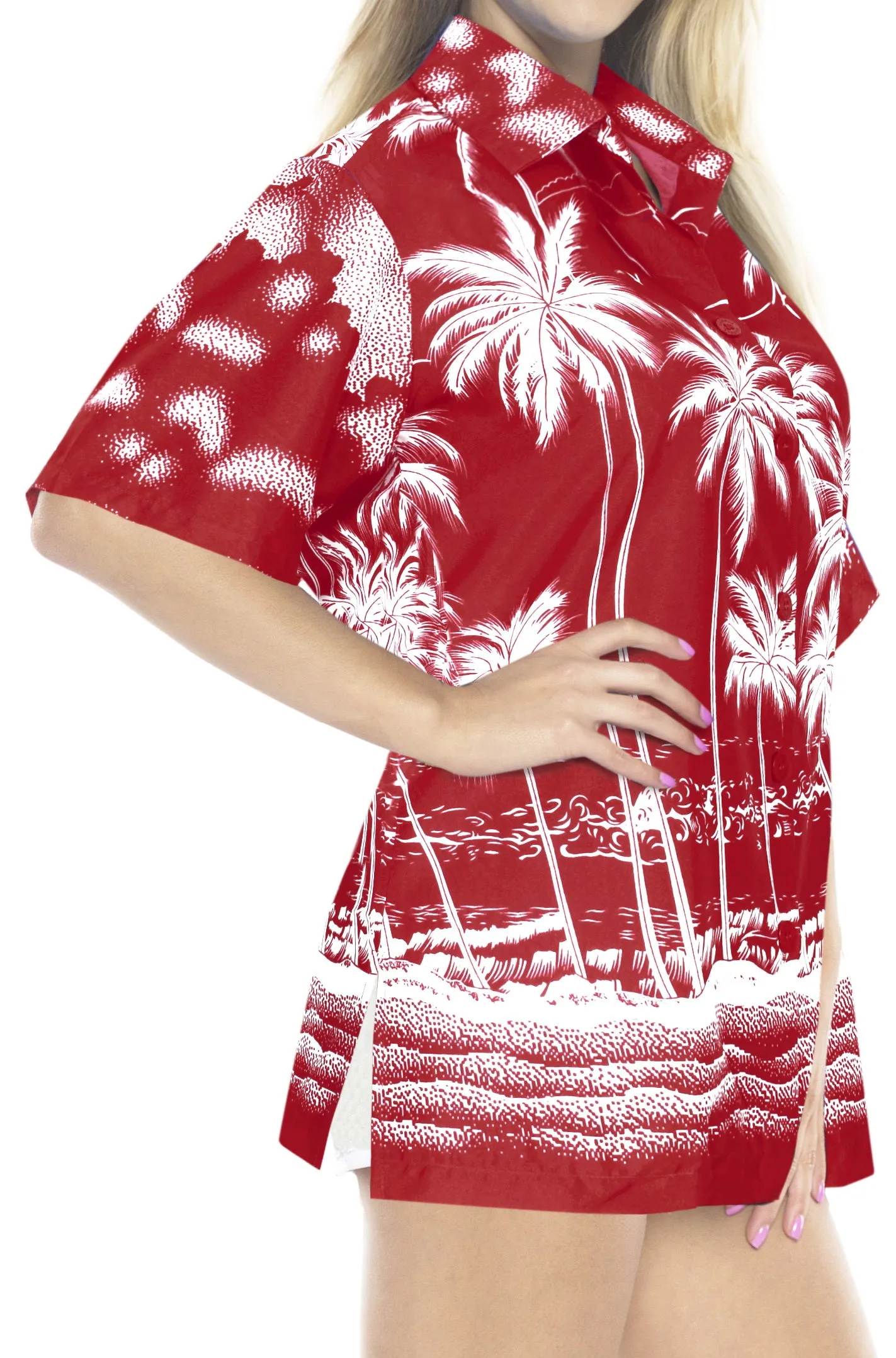 LA LEELA Women's Beach Casual Hawaiian Blouse Short Sleeves button Down Shirt palm tree printed red