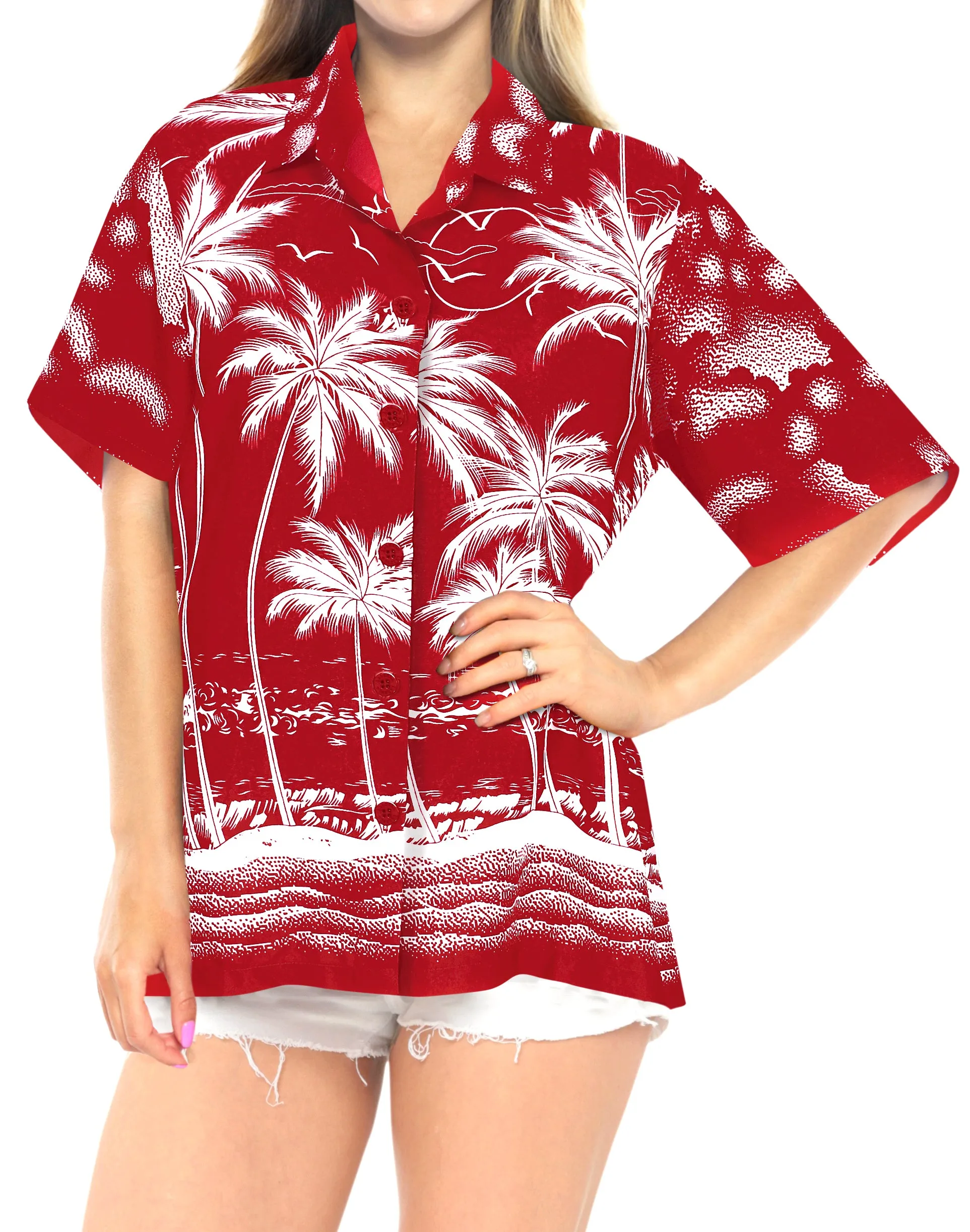 LA LEELA Women's Beach Casual Hawaiian Blouse Short Sleeves button Down Shirt palm tree printed red