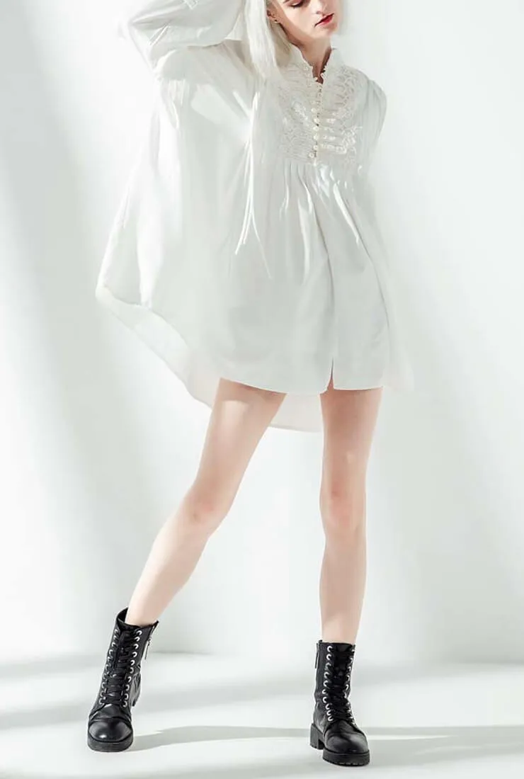 Lace Embroidered White Long Shirt
