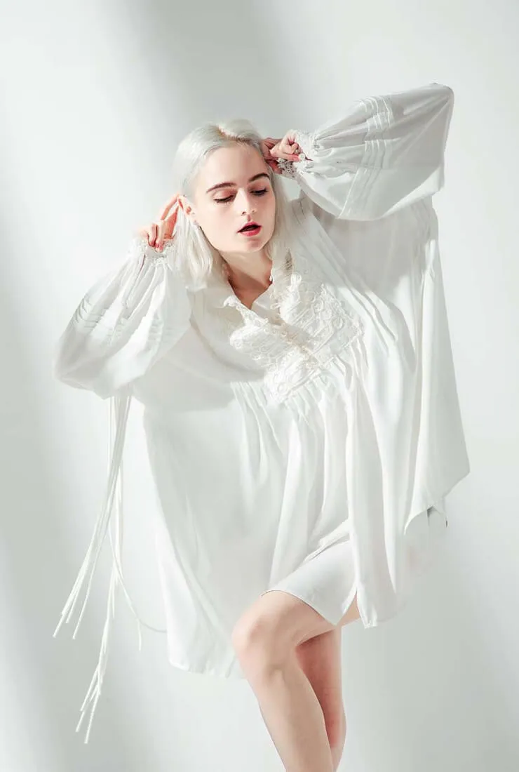 Lace Embroidered White Long Shirt