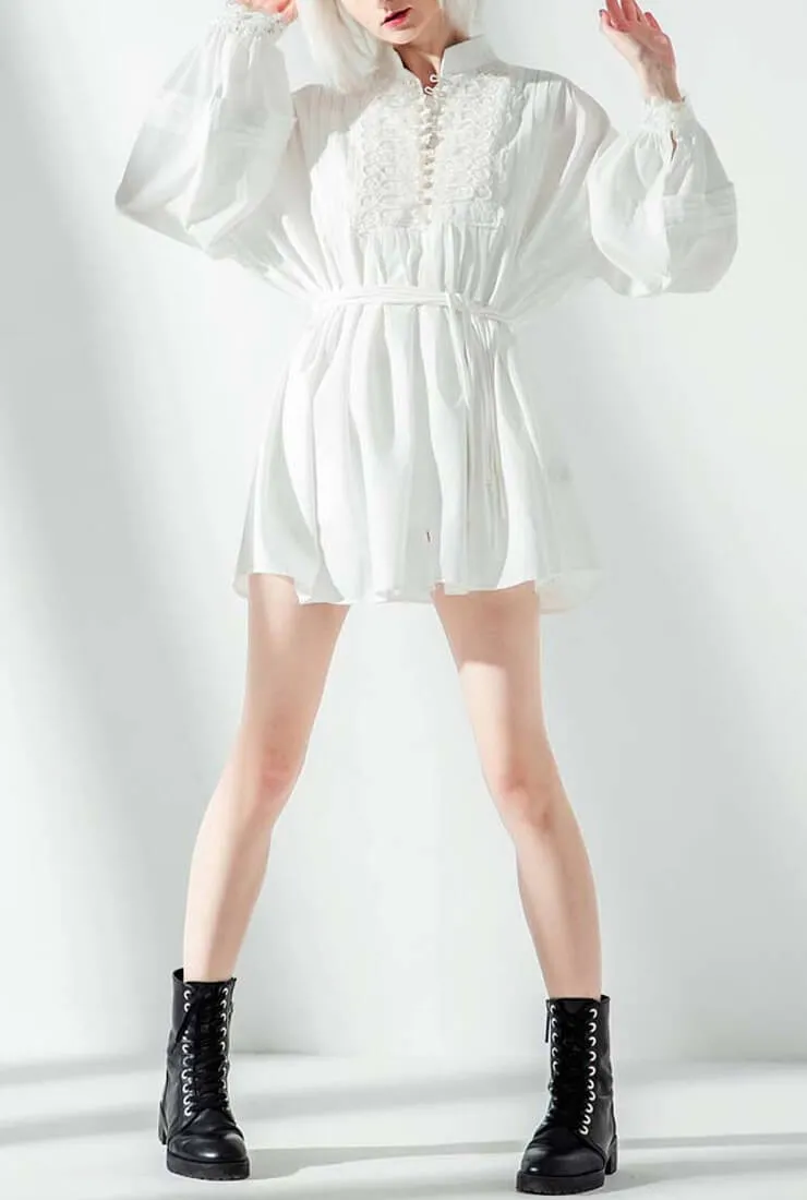 Lace Embroidered White Long Shirt