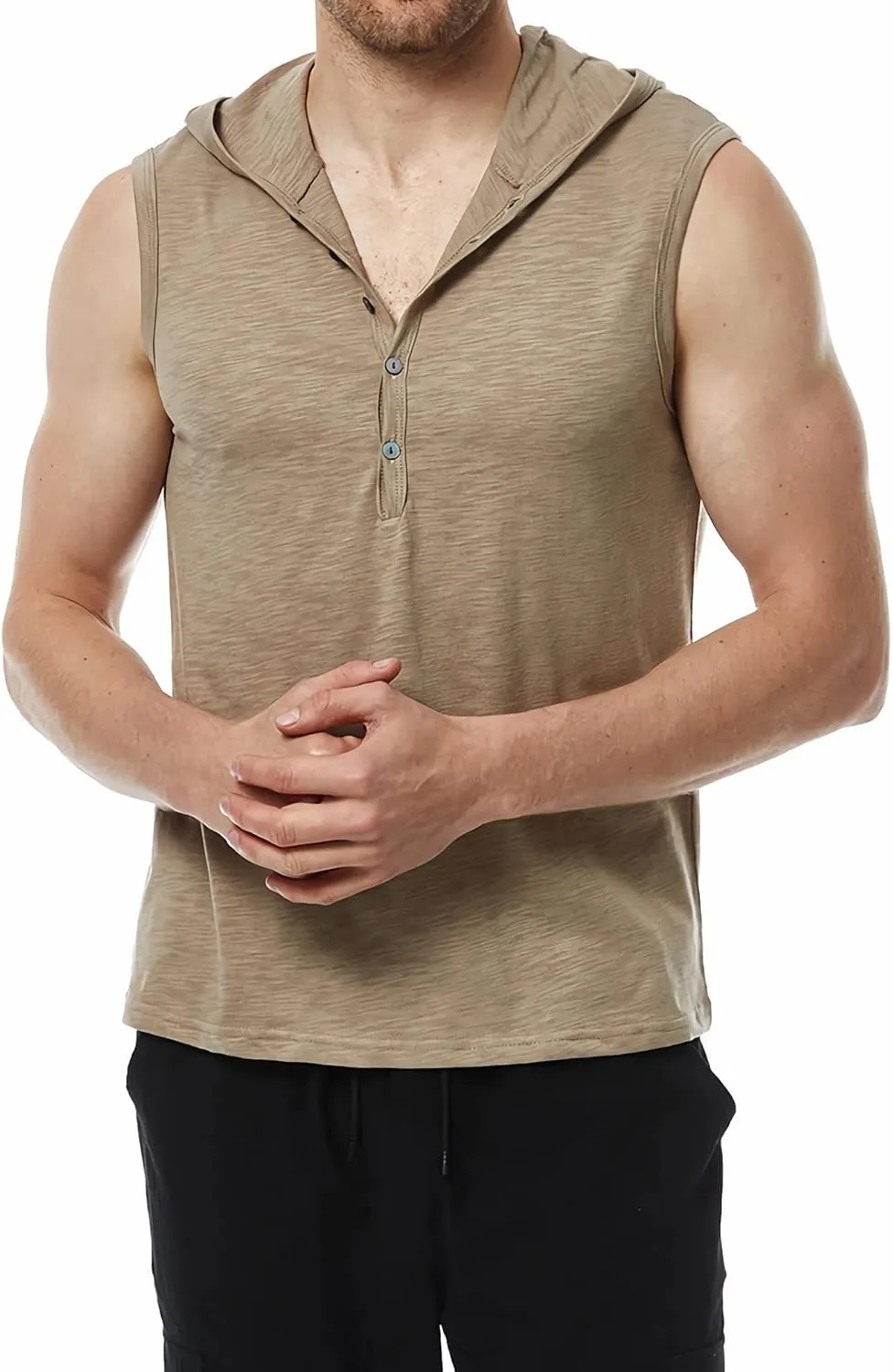 Linen Shirts for Men Sleeveless Tshirts Hoodie Cotton Linen Henley Shirt Tank Top Casual Beach Hippie Vest with Hood