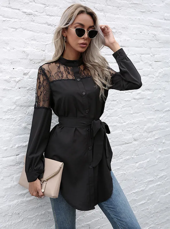 Long Sleeve Black Cardigan Solid Color Shirt