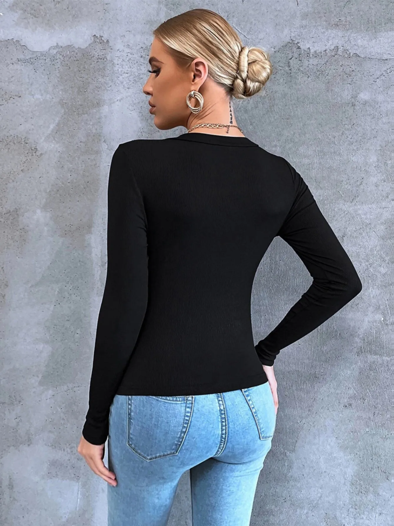 Long Sleeve Slim Pullover Split T-shirt