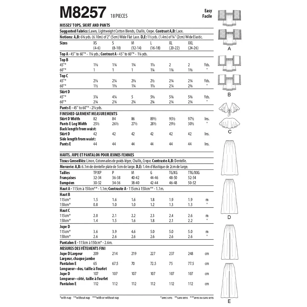 M8257 Misses' Tops, Skirt and Pants
