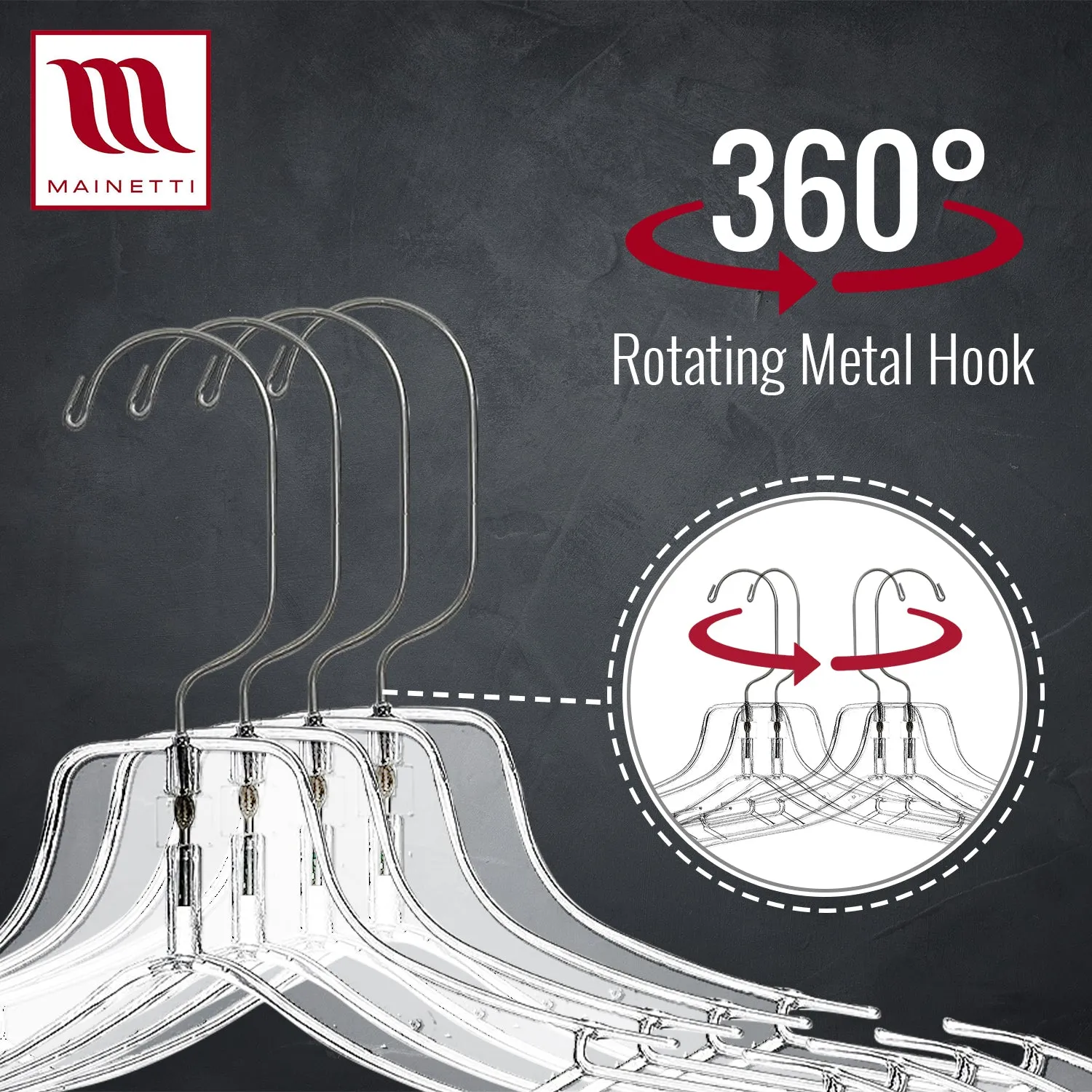 Mainetti 5400, 17" Clear Plastic, Shirt Top Dress Hangers, with 360 swivel metal hook and notches for straps