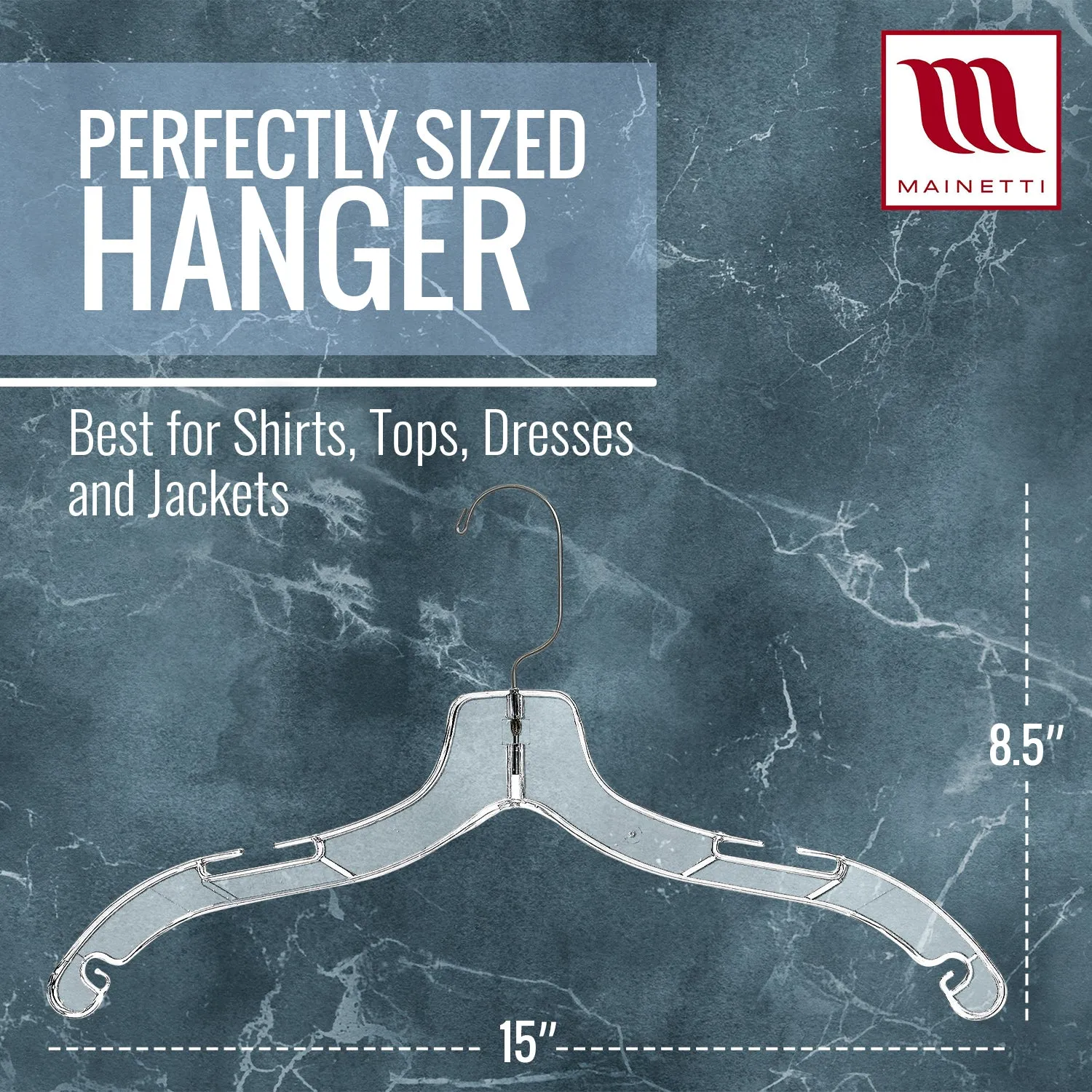 Mainetti 5400, 17" Clear Plastic, Shirt Top Dress Hangers, with 360 swivel metal hook and notches for straps