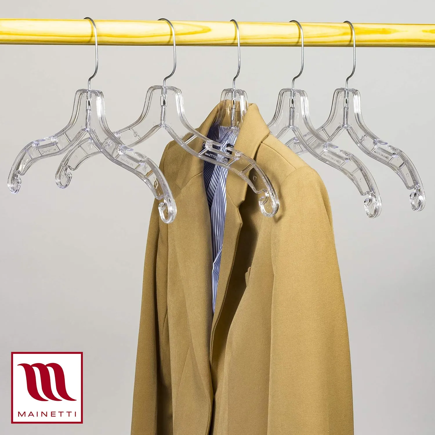 Mainetti 5400, 17" Clear Plastic, Shirt Top Dress Hangers, with 360 swivel metal hook and notches for straps