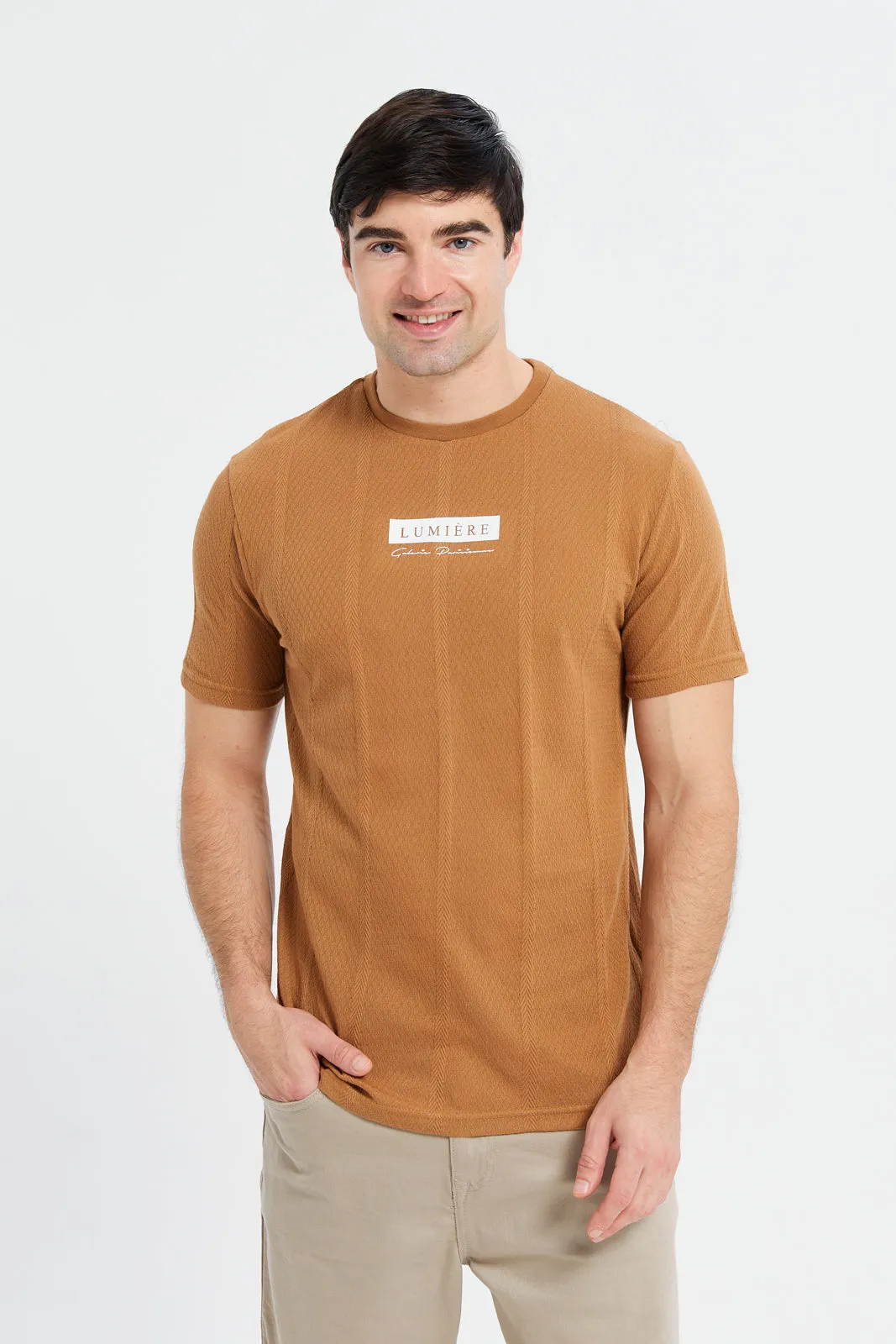 Men Brown Jacquard T-Shirt