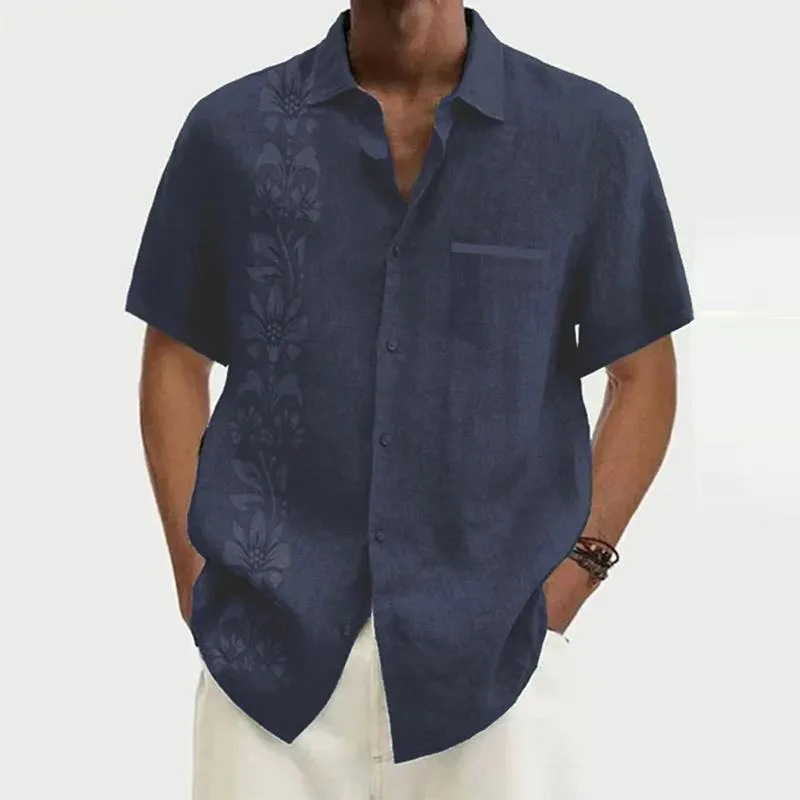 Men's Ramie Casual Temperament Printed Short-sleeved Shirt 33819144YM