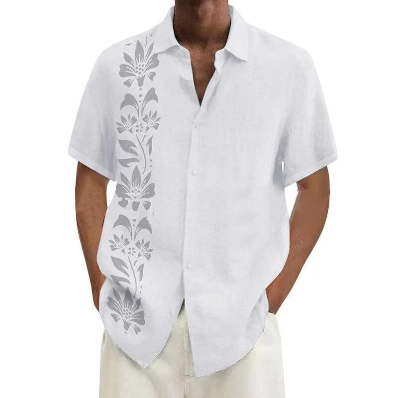 Men's Ramie Casual Temperament Printed Short-sleeved Shirt 33819144YM