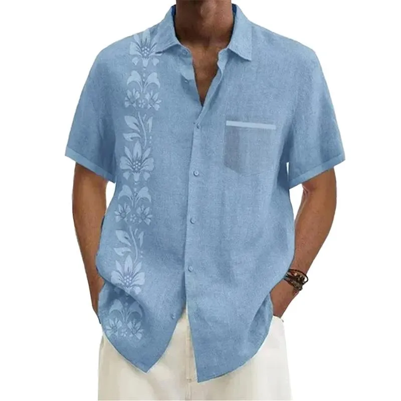 Men's Ramie Casual Temperament Printed Short-sleeved Shirt 33819144YM