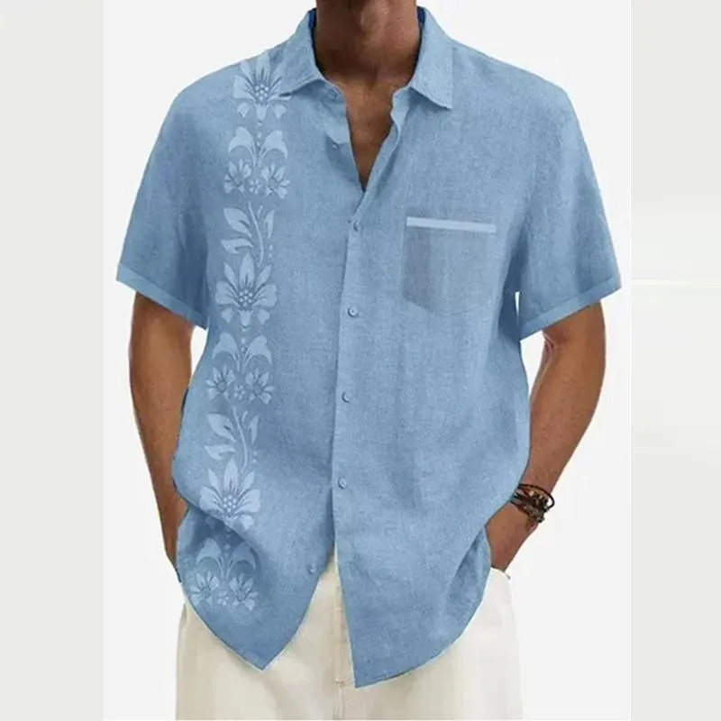 Men's Ramie Casual Temperament Printed Short-sleeved Shirt 33819144YM