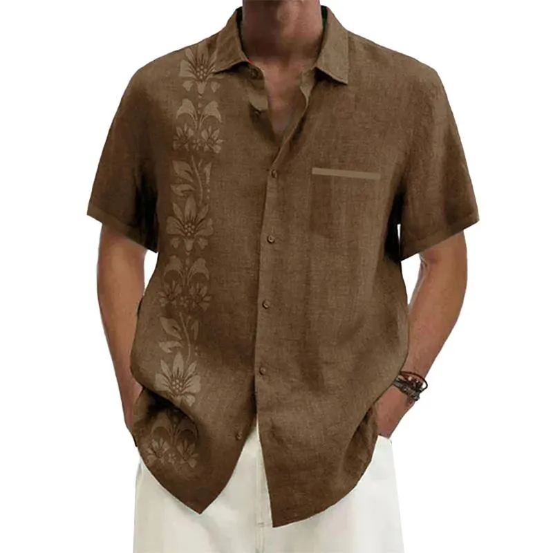 Men's Ramie Casual Temperament Printed Short-sleeved Shirt 33819144YM