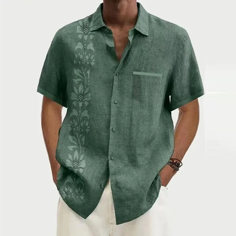Men's Ramie Casual Temperament Printed Short-sleeved Shirt 33819144YM