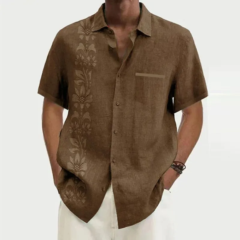 Men's Ramie Casual Temperament Printed Short-sleeved Shirt 33819144YM
