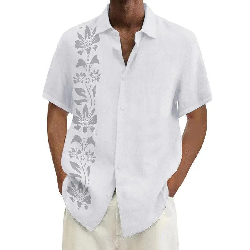 Men's Ramie Casual Temperament Printed Short-sleeved Shirt 33819144YM