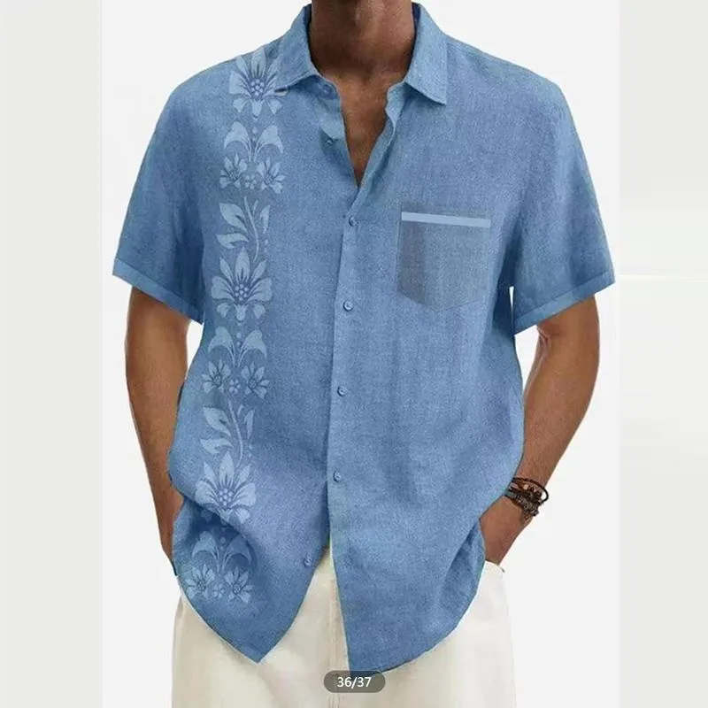 Men's Ramie Casual Temperament Printed Short-sleeved Shirt 33819144YM