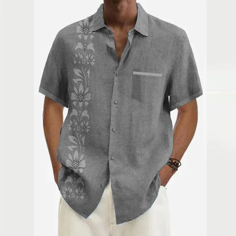 Men's Ramie Casual Temperament Printed Short-sleeved Shirt 33819144YM