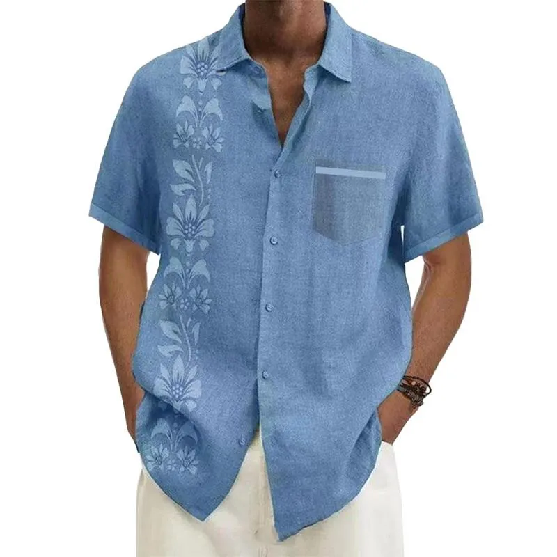 Men's Ramie Casual Temperament Printed Short-sleeved Shirt 33819144YM