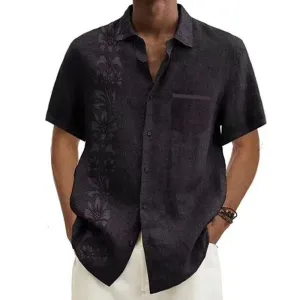 Men's Ramie Casual Temperament Printed Short-sleeved Shirt 33819144YM