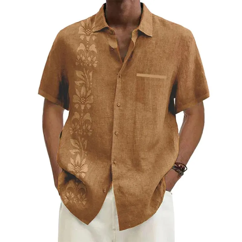 Men's Ramie Casual Temperament Printed Short-sleeved Shirt 33819144YM