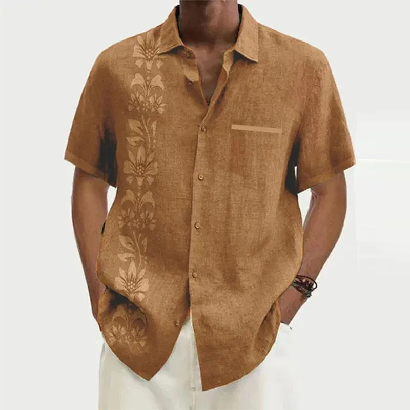 Men's Ramie Casual Temperament Printed Short-sleeved Shirt 33819144YM