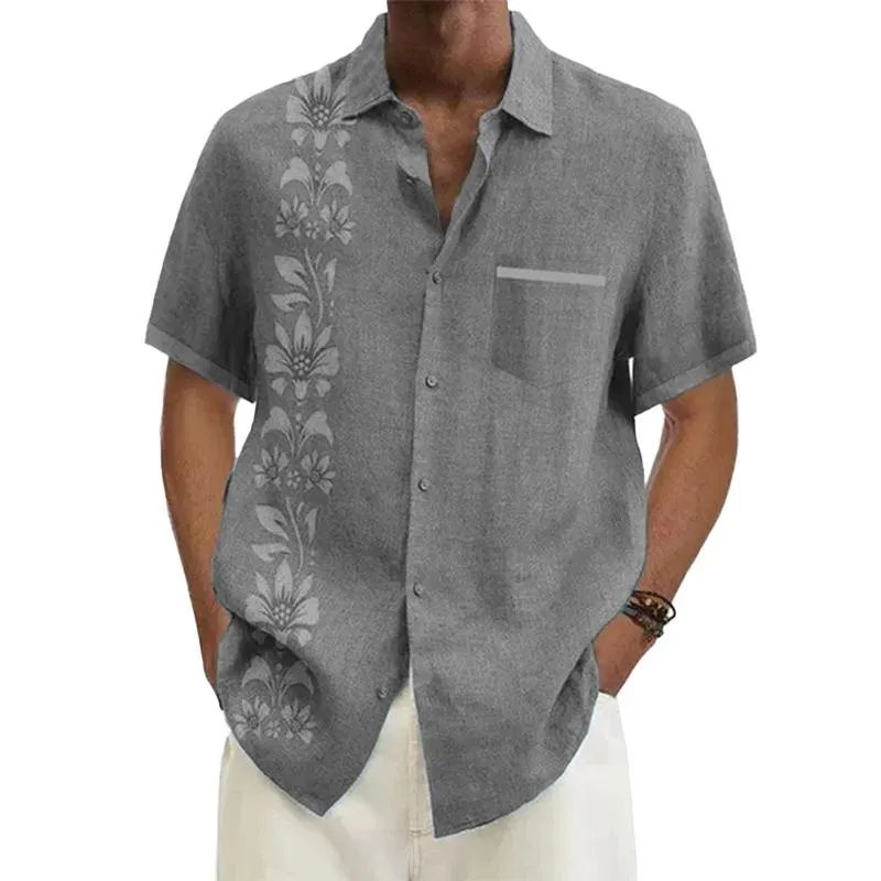 Men's Ramie Casual Temperament Printed Short-sleeved Shirt 33819144YM
