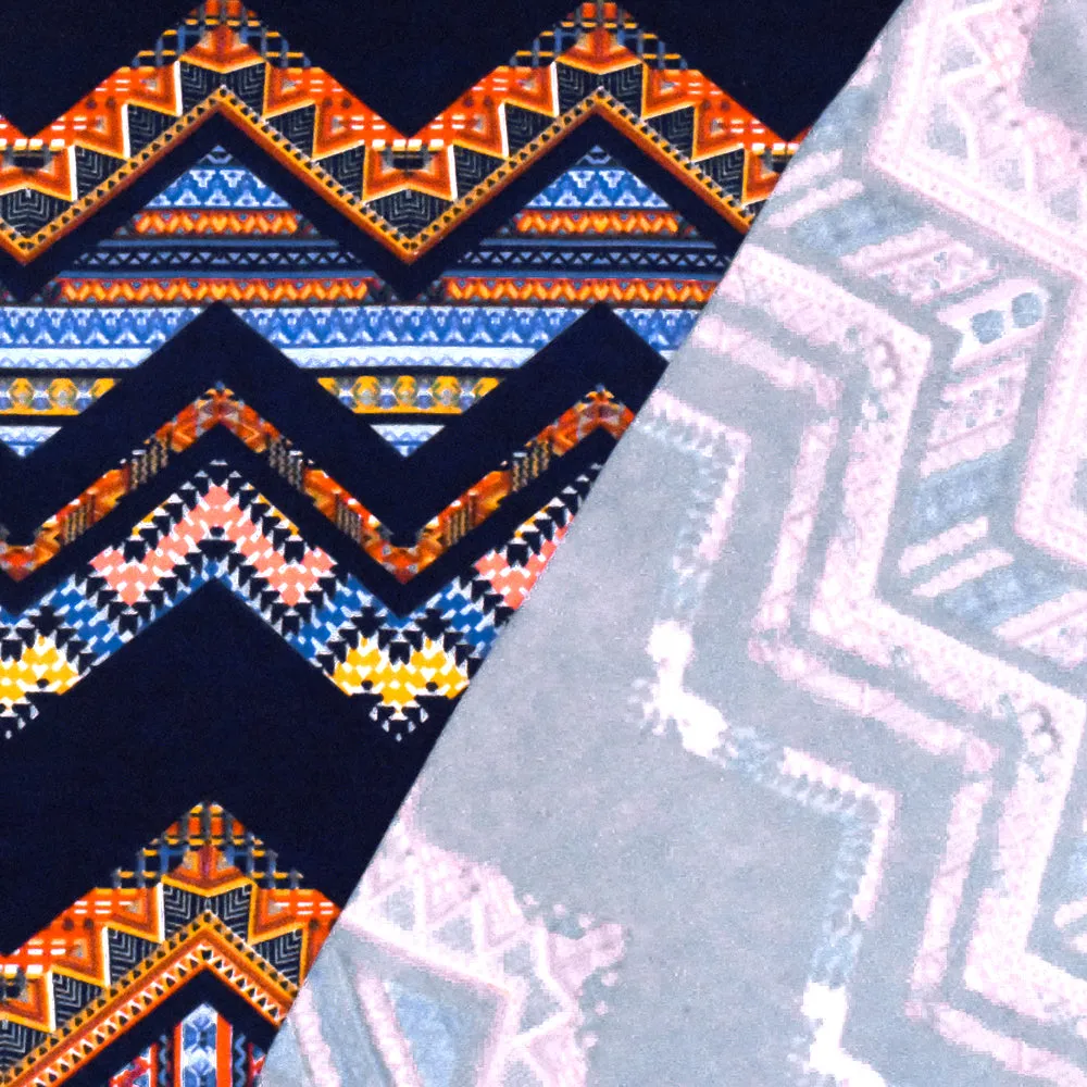 Navy-Yellow-Multi Tribal Chevron Printed Double Brushed ITY Knit Fabric