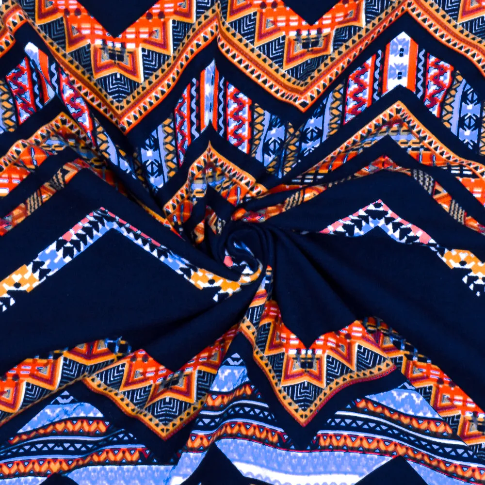 Navy-Yellow-Multi Tribal Chevron Printed Double Brushed ITY Knit Fabric