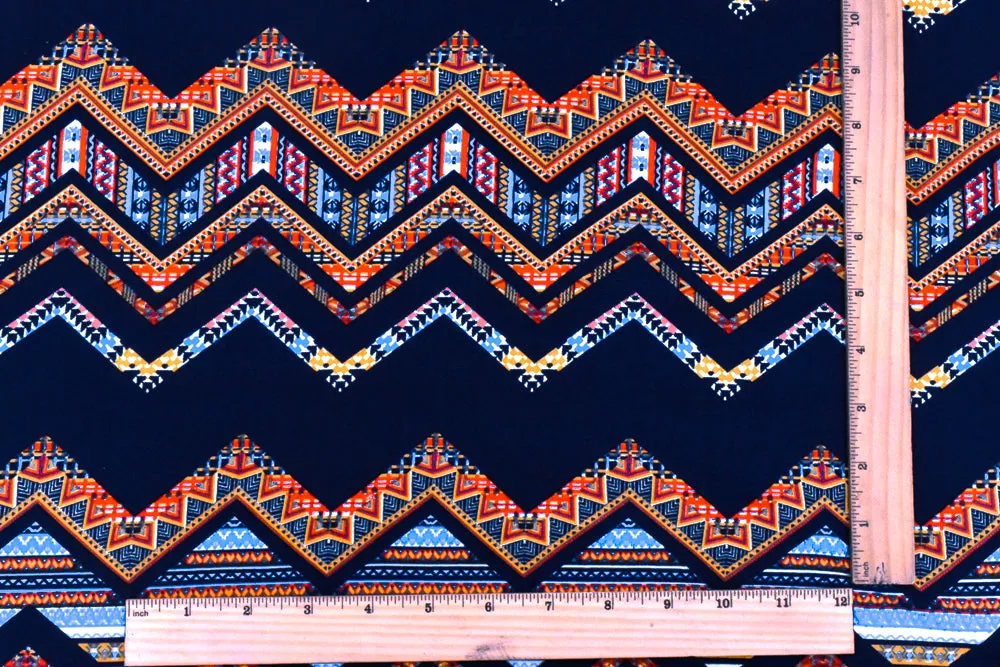 Navy-Yellow-Multi Tribal Chevron Printed Double Brushed ITY Knit Fabric