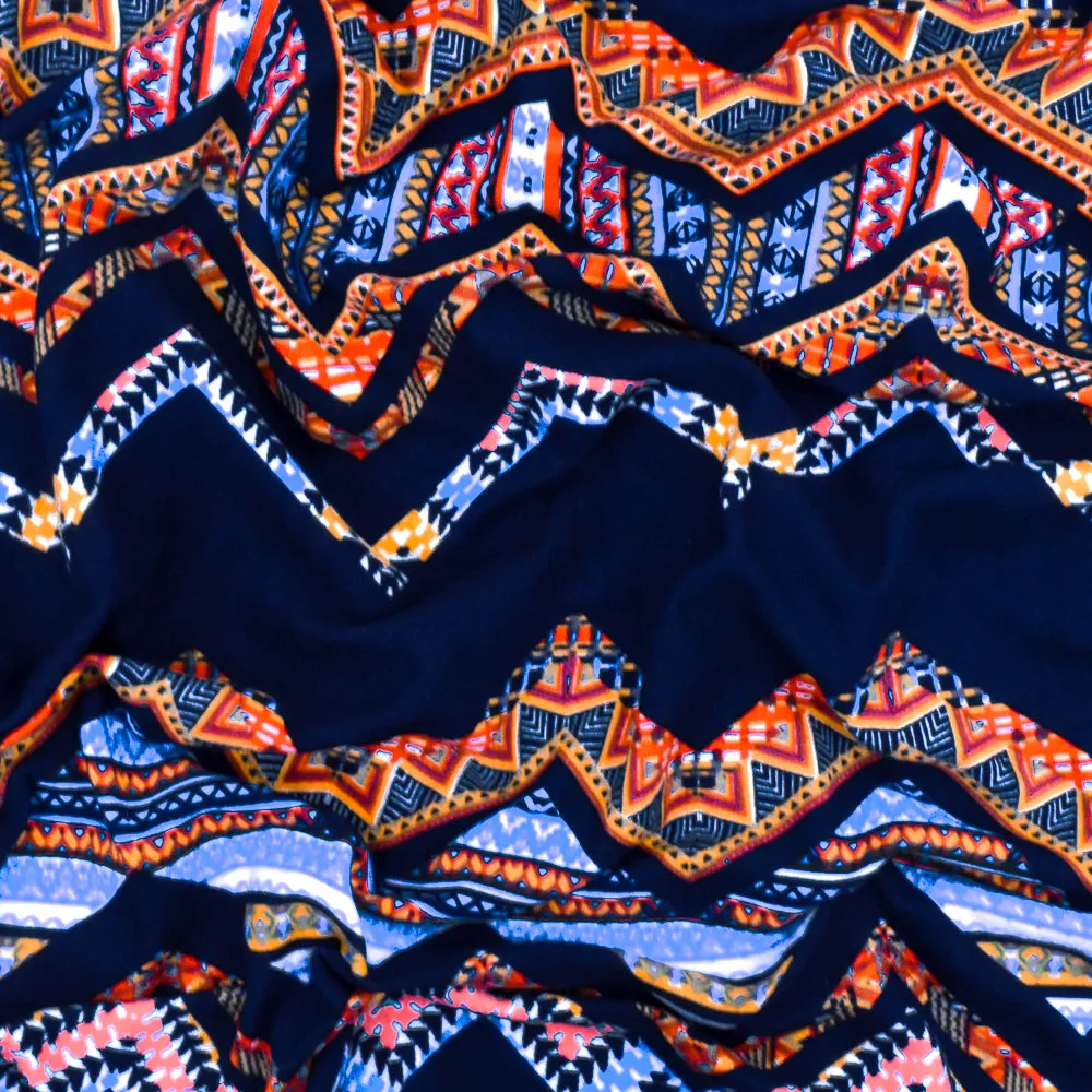Navy-Yellow-Multi Tribal Chevron Printed Double Brushed ITY Knit Fabric