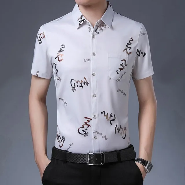 New Men Shirt High Quality Silk Print Summer Short sleeve Casual Shirts Men Slim Fit Camisa Masculina  C749