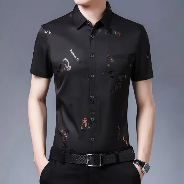 New Men Shirt High Quality Silk Print Summer Short sleeve Casual Shirts Men Slim Fit Camisa Masculina  C749