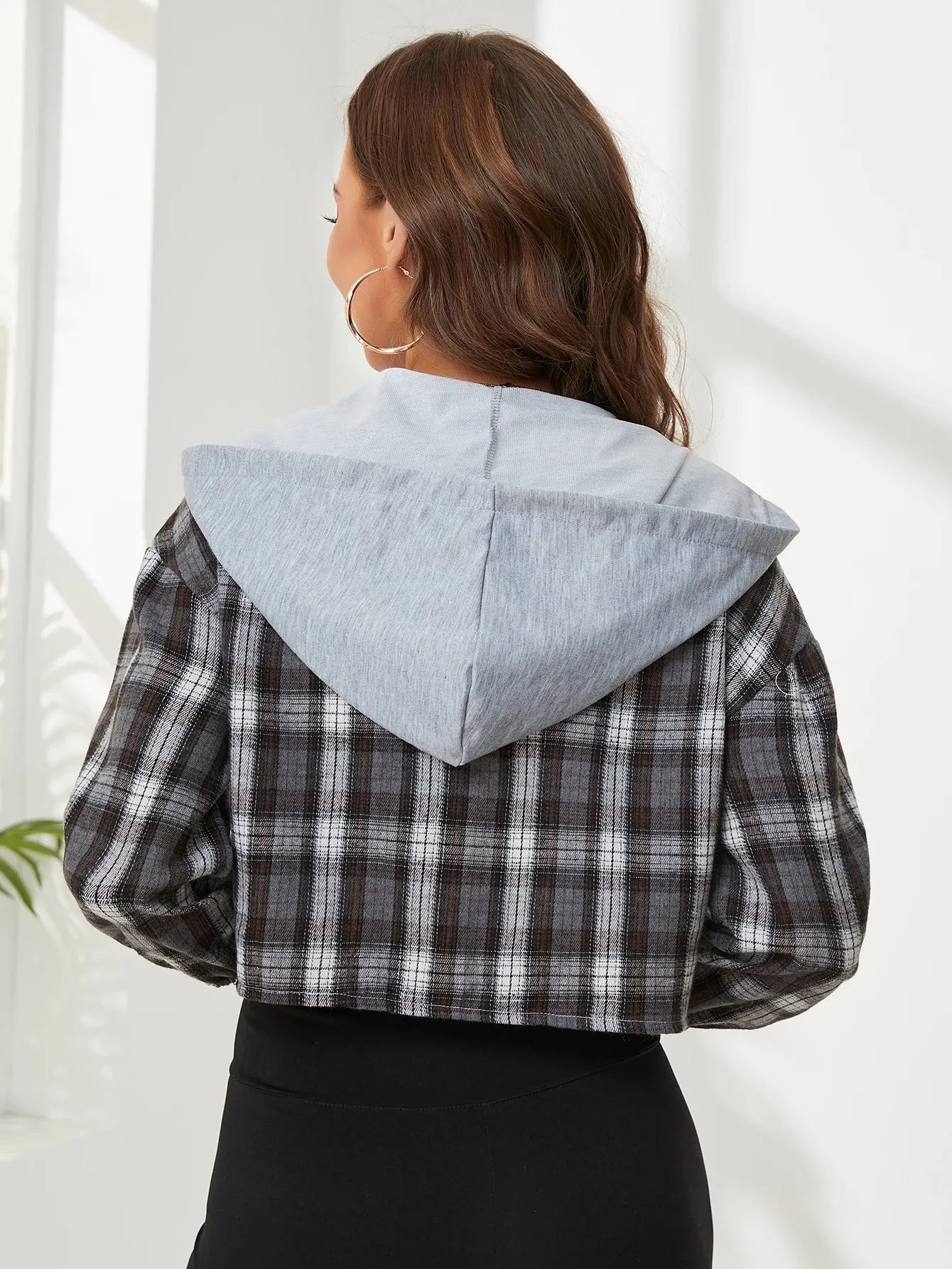 New Sleeve Plaid Style Casual Retro Long Fashion Hooded Summer Thin Crop Top