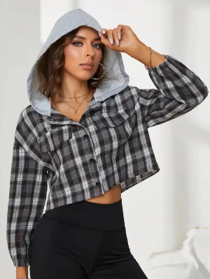 New Sleeve Plaid Style Casual Retro Long Fashion Hooded Summer Thin Crop Top