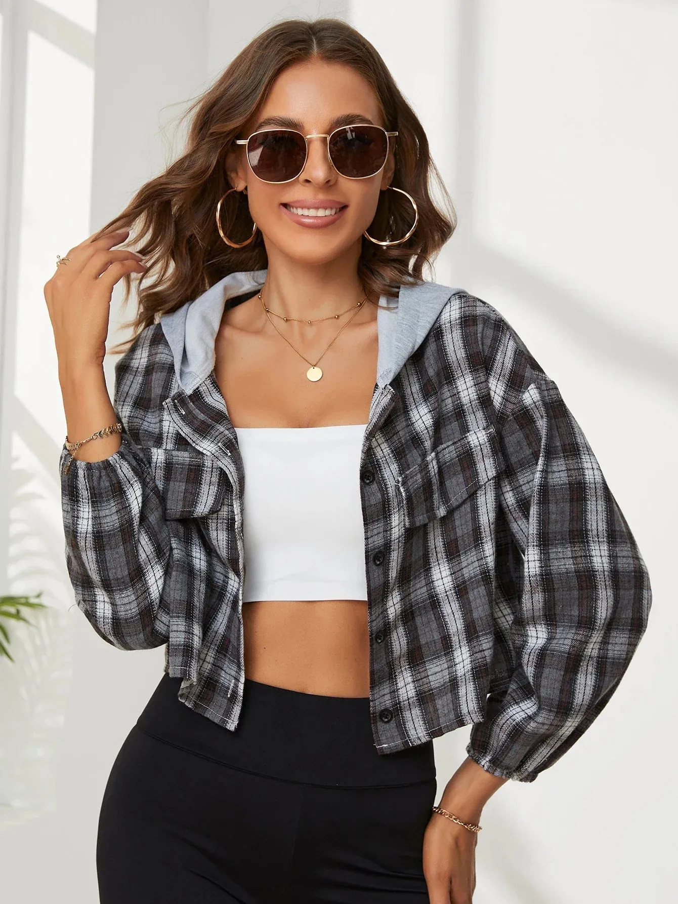 New Sleeve Plaid Style Casual Retro Long Fashion Hooded Summer Thin Crop Top