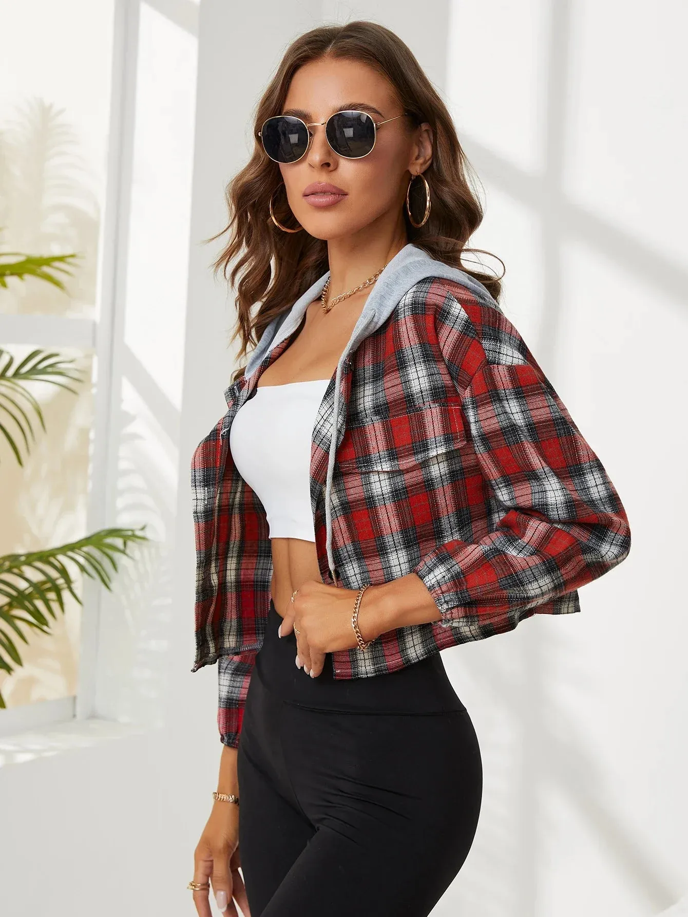 New Sleeve Plaid Style Casual Retro Long Fashion Hooded Summer Thin Crop Top