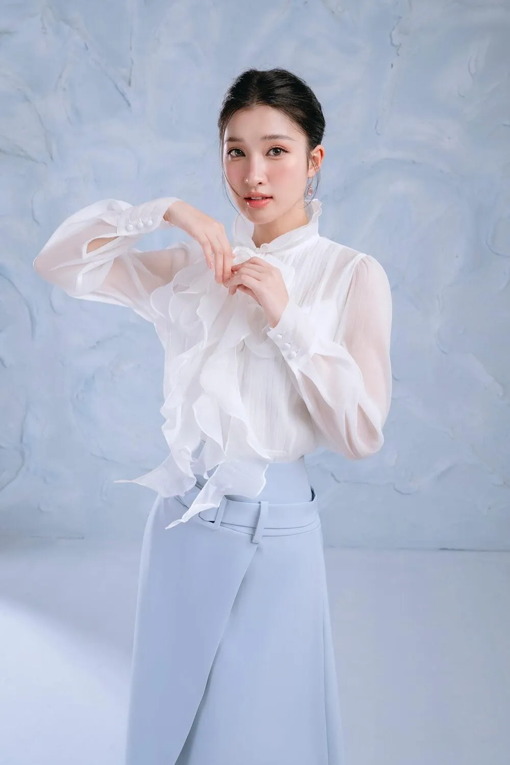 Ocean Straight Ruffle Collar Organza Cotton Shirt