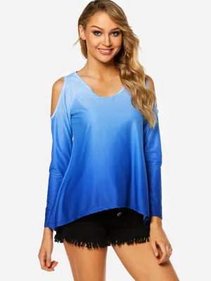 OEM ODM Cold Shoulder Cut Out Long Sleeve Irregular Hem Blue Blouses
