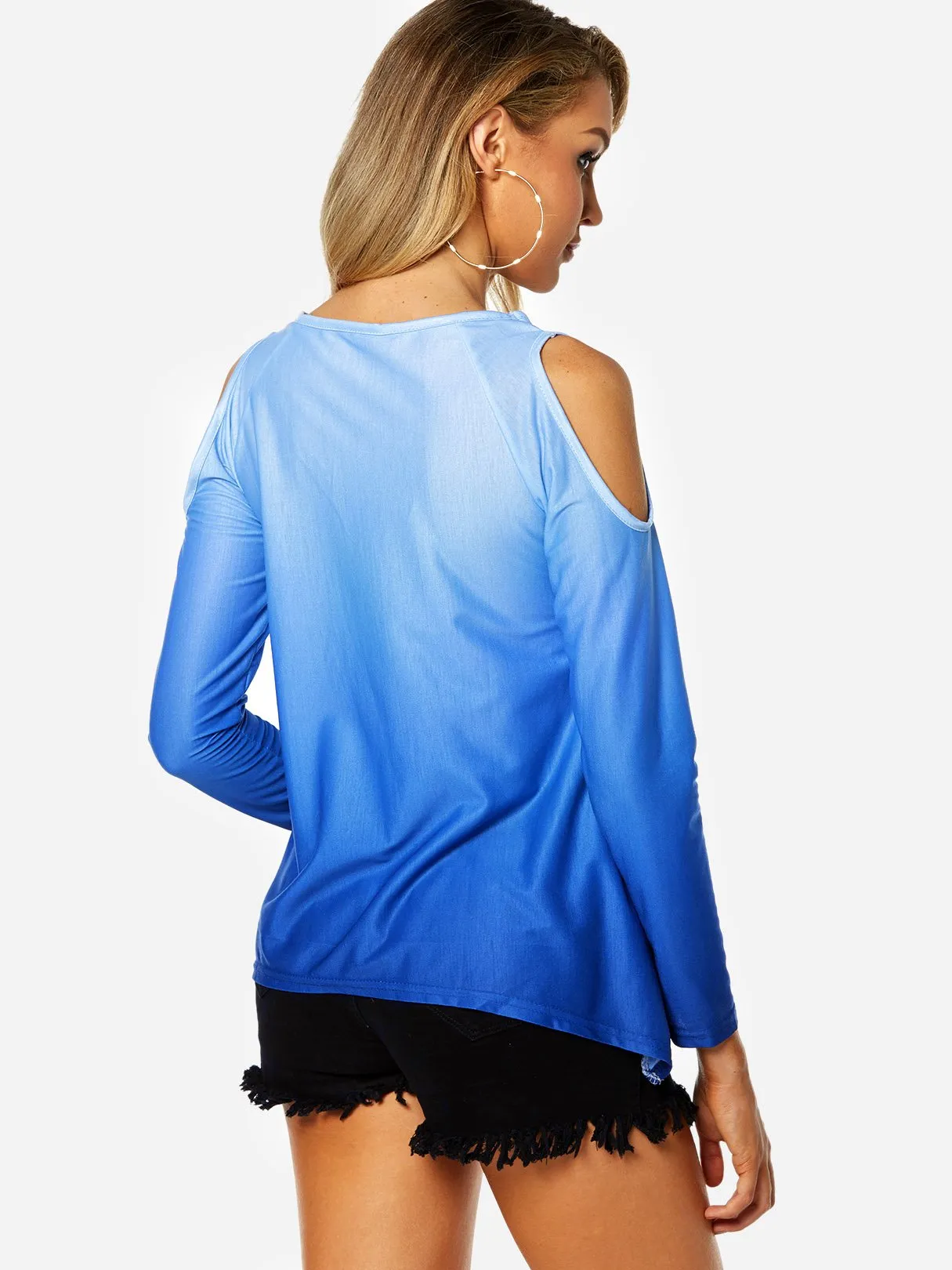 OEM ODM Cold Shoulder Cut Out Long Sleeve Irregular Hem Blue Blouses