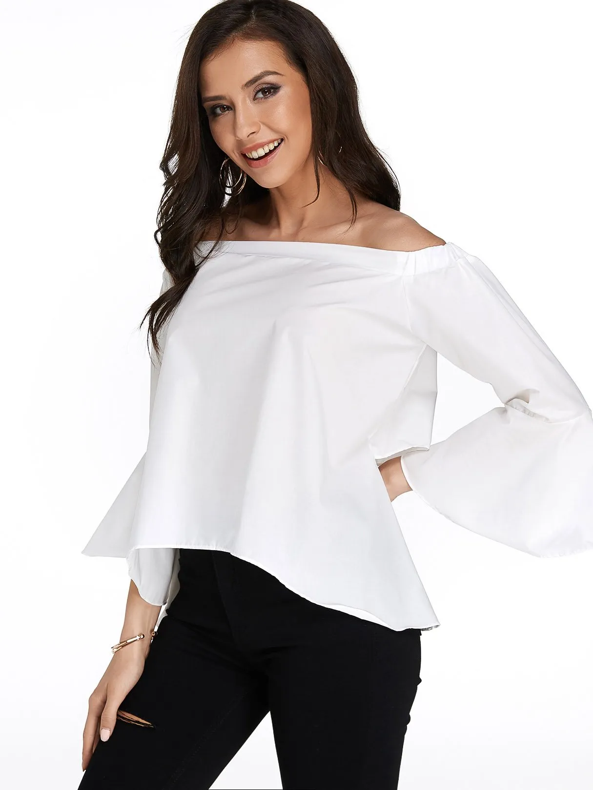 OEM ODM Off The Shoulder Plain Backless 3/4 Sleeve White Blouses