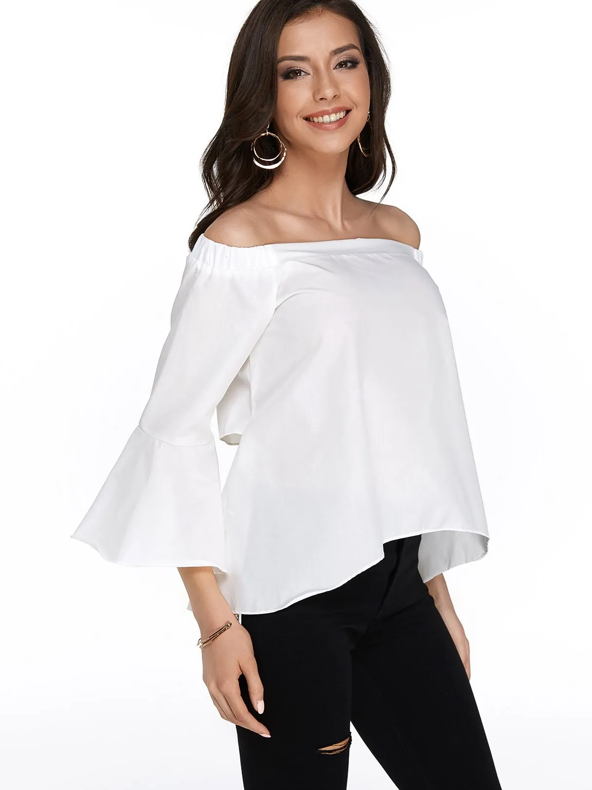 OEM ODM Off The Shoulder Plain Backless 3/4 Sleeve White Blouses