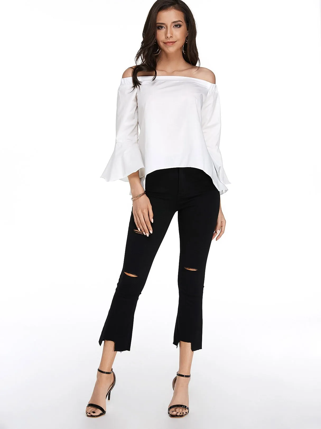 OEM ODM Off The Shoulder Plain Backless 3/4 Sleeve White Blouses