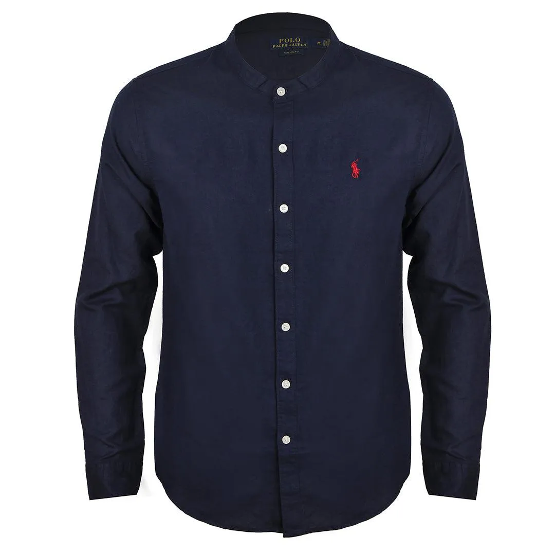 PRL Bishop Collar Button Down Men's Long Sleeve Shirt - Navy Blue
