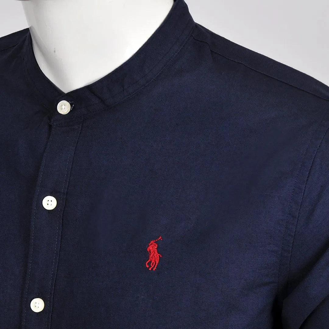 PRL Bishop Collar Button Down Men's Long Sleeve Shirt - Navy Blue